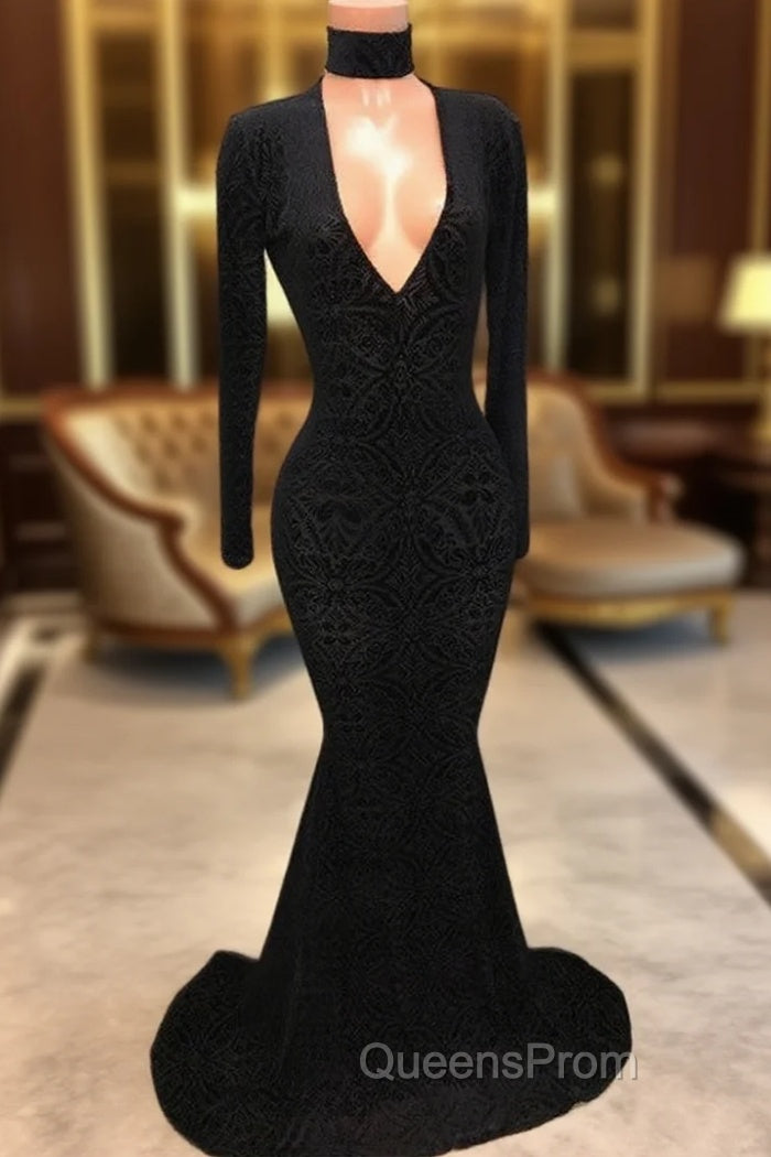 Black Lace V-Neck Evening Prom Party Gowns| Mermaid Long-Sleeve Evening Gowns