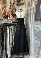 Black Lace V-Neckline A-Line Halter Party Dress, Black Vintage Style Evening Prom Dress