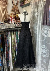 Black Lace V-Neckline A-Line Halter Party Dress, Black Vintage Style Evening Prom Dress