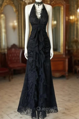 Black Lace V-Neckline A-Line Halter Party Dress, Black Vintage Style Evening Prom Dress