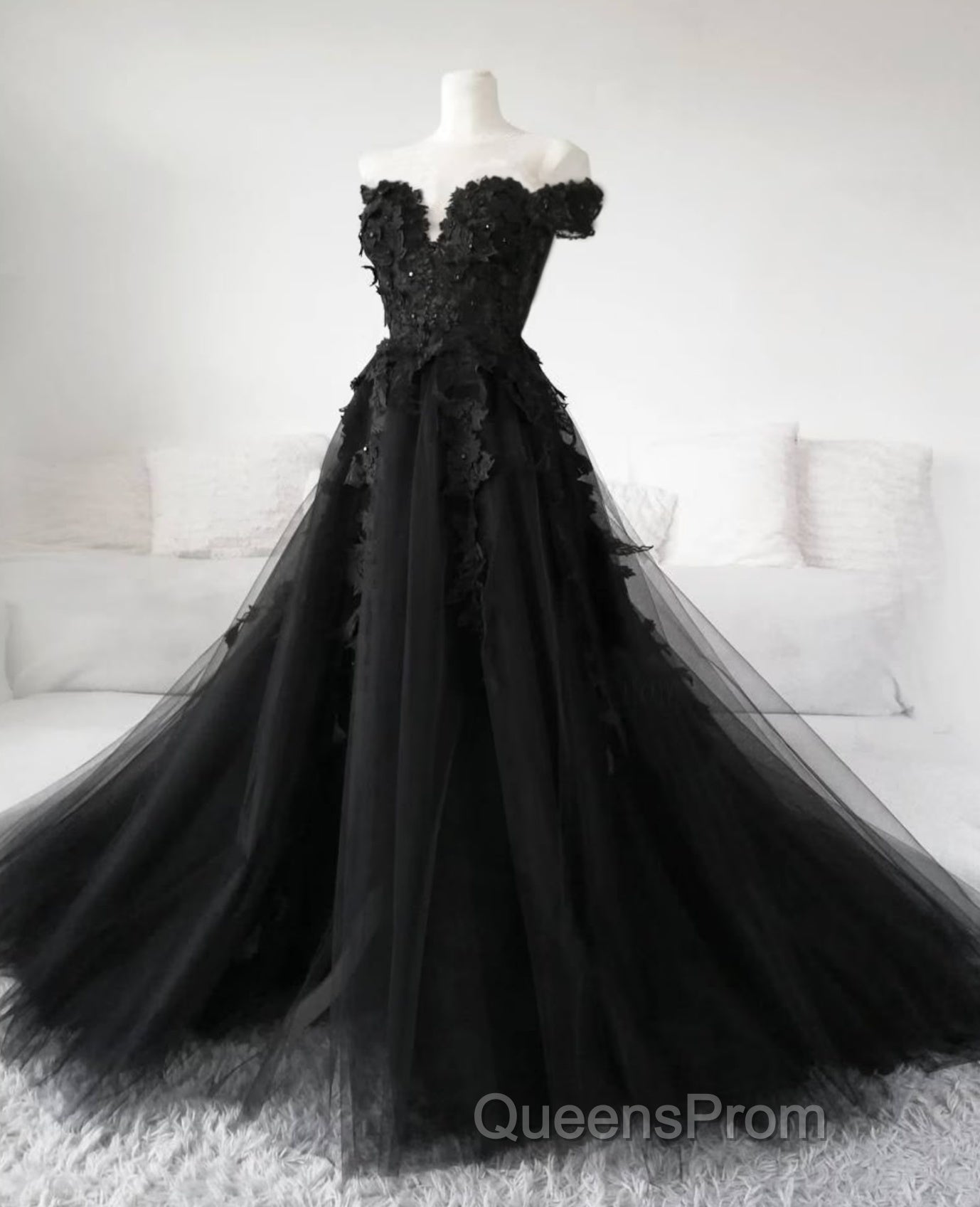 Black Lace Wedding Dress Off The Shoulder Pearls Tulle Formal Evening Prom Dress Secondary image