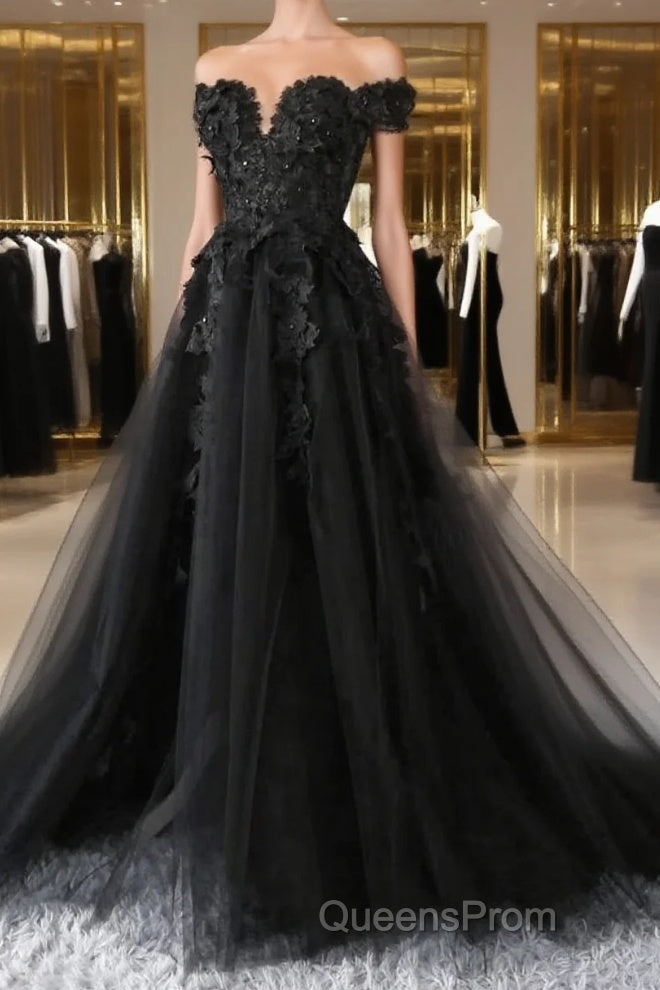 Black Lace Wedding Dress Off The Shoulder Pearls Tulle Formal Evening Prom Dress Main image