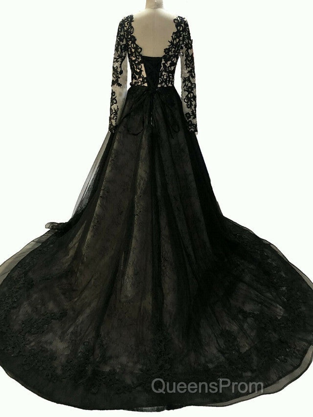 Black Long A-Line V Neck Lace Tulle Wedding Dress with Sleeves Secondary image