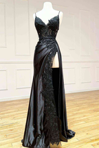 Black Long Appliques Classy Prom Dress With Spaghetti Straps