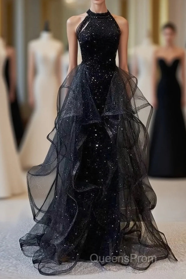 Black Long Mermaid Halter Sequined Tulle Formal Evening Prom Dress Main image