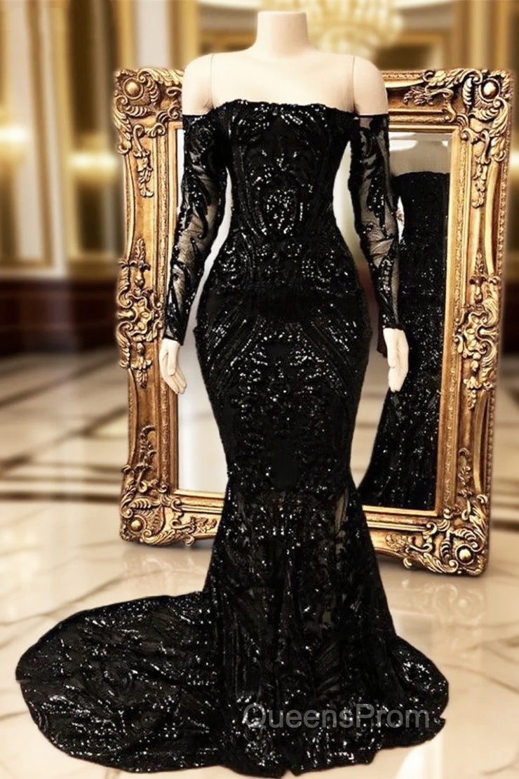 Black Long Mermaid Off the shoulder Evening Prom Dress with Sleeves