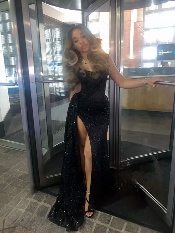 Black Long Classy Prom Dress With Slit ,Strapless Classy Evening Dress
