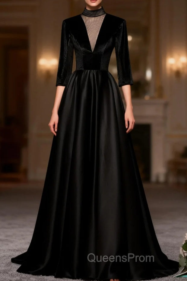 Black Long Sleeve Satin High Neck Evening Prom Dress
