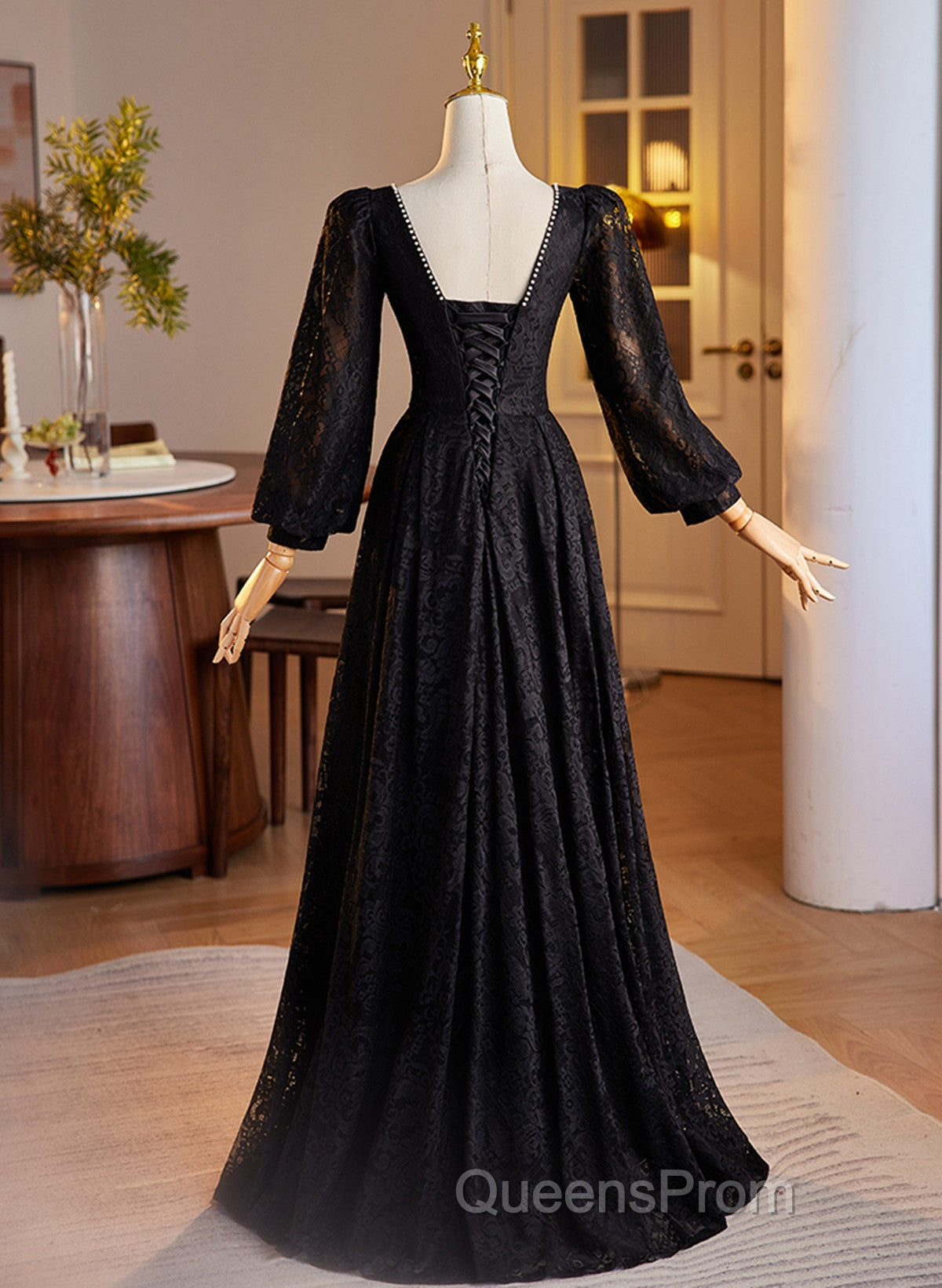 Black Long Sleeves Lace A-Line Party Dress, Black Lace Wedding Party Dress