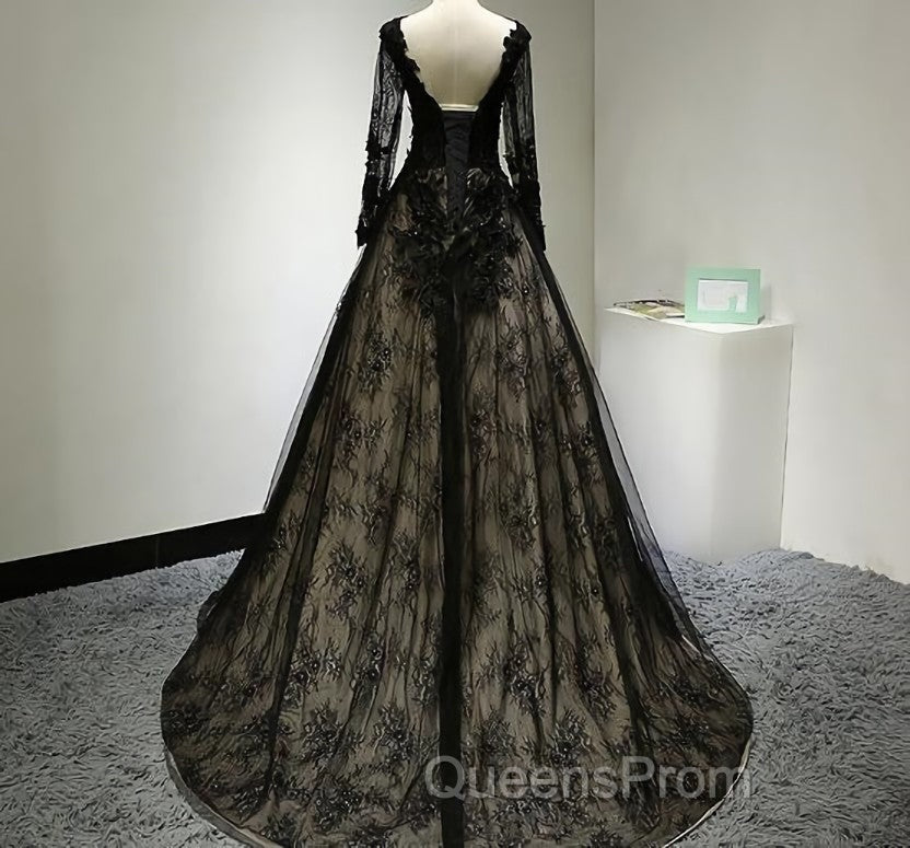 Black Long Sleeves Lace Evening Prom Dress, Black Evening Gown