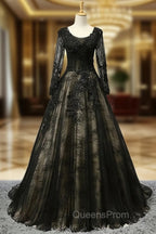 Black Long Sleeves Lace Evening Prom Dress, Black Evening Gown