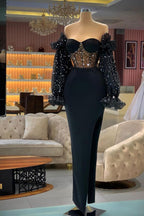 Black Long Sleeves Prom Dress Sheath Sweetheart With Beads