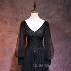 Black Long Sleeves V-neckline Evening Dress, Black Evening Prom Dress