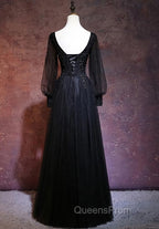 Black Long Sleeves V-neckline Evening Dress, Black Evening Prom Dress