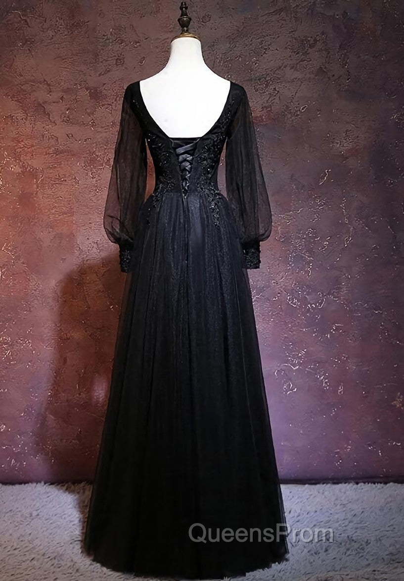 Black Long Sleeves V-neckline Evening Dress, Black Evening Prom Dress