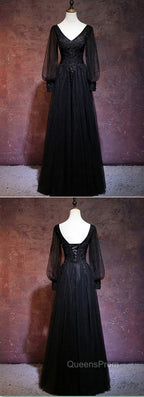 Black Long Sleeves V-neckline Evening Dress, Black Evening Prom Dress
