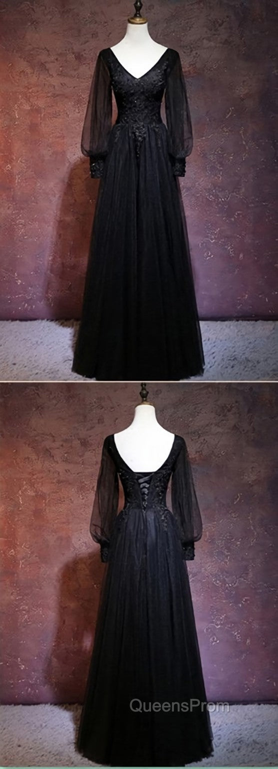 Black Long Sleeves V-neckline Evening Dress, Black Evening Prom Dress