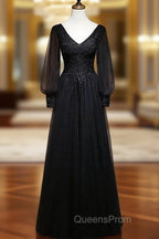 Black Long Sleeves V-neckline Evening Dress, Black Evening Prom Dress