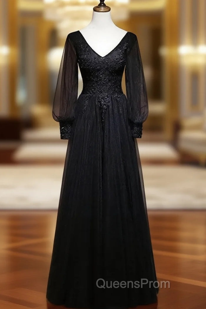 Black Long Sleeves V-neckline Evening Dress, Black Evening Prom Dress