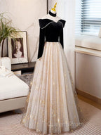 Black Long Sleeves Velvet ane Tulle Long Party Derss, Black Off Shoulder Evening Prom Dress