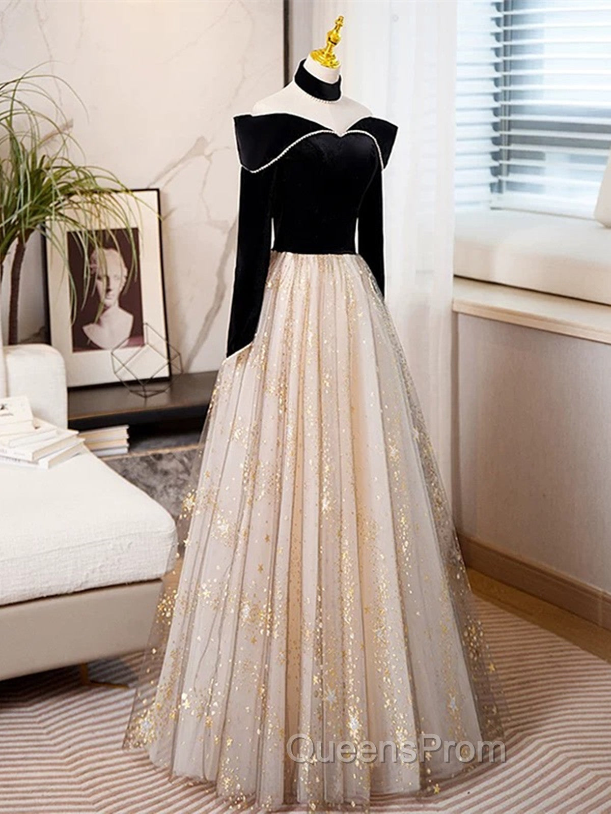 Black Long Sleeves Velvet ane Tulle Long Party Derss, Black Off Shoulder Evening Prom Dress