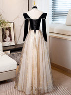 Black Long Sleeves Velvet ane Tulle Long Party Derss, Black Off Shoulder Evening Prom Dress