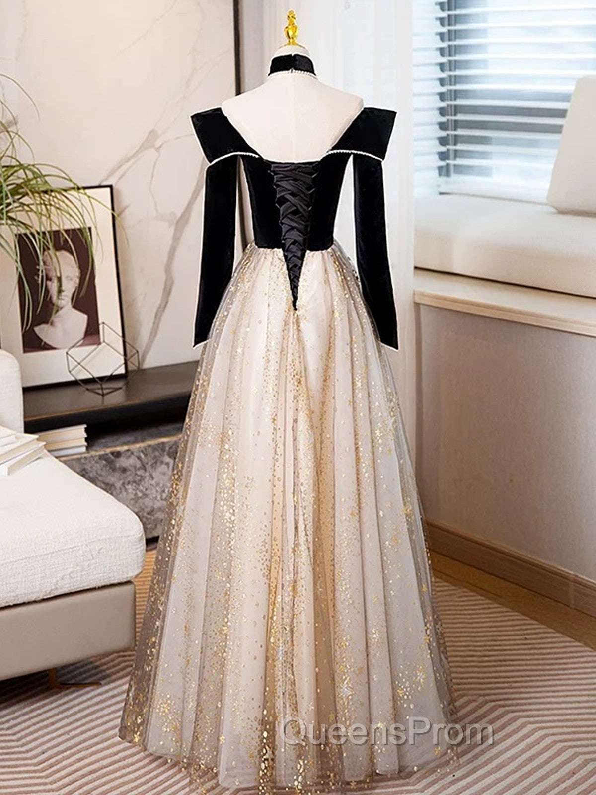 Black Long Sleeves Velvet ane Tulle Long Party Derss, Black Off Shoulder Evening Prom Dress
