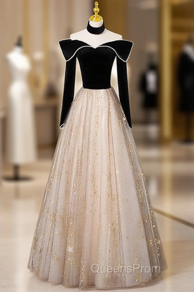 Black Long Sleeves Velvet ane Tulle Long Party Derss, Black Off Shoulder Evening Prom Dress Main image