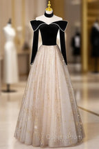 Black Long Sleeves Velvet ane Tulle Long Party Derss, Black Off Shoulder Evening Prom Dress