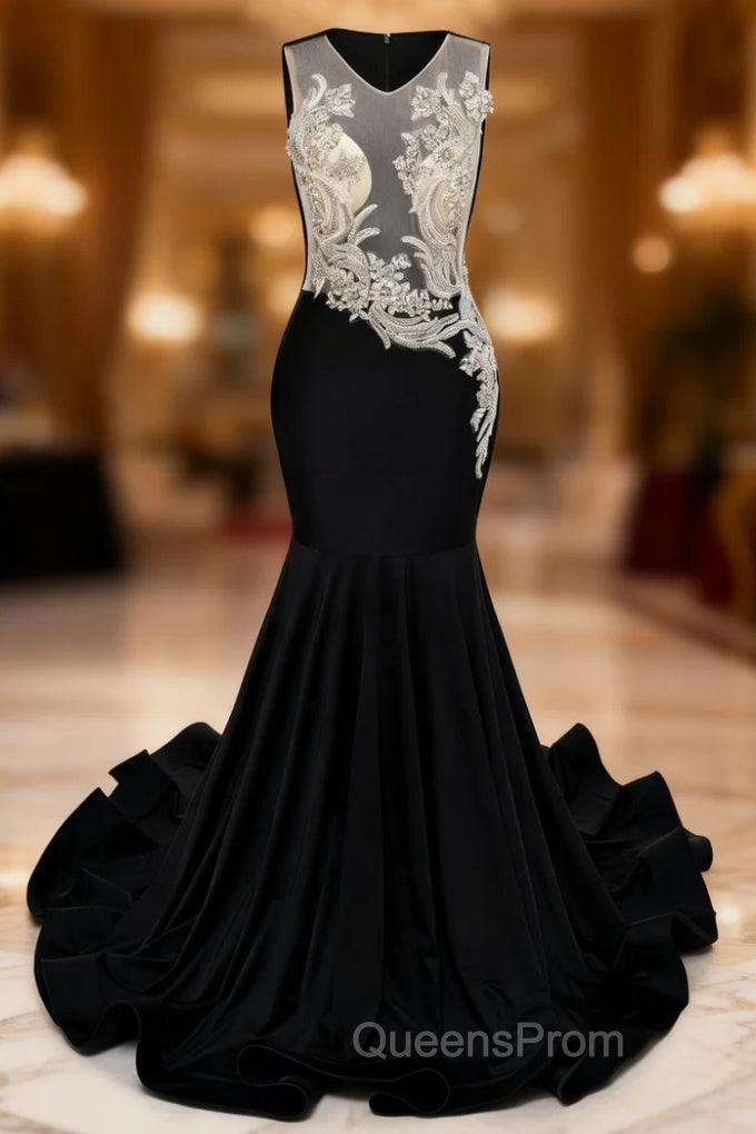 Black Mermaid Appliques Beading Evening Prom Dress
