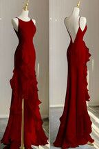 Black Mermaid Beach Wedding Dress With Ruffles, Spaghetti Straps Backless Classy Prom Gown