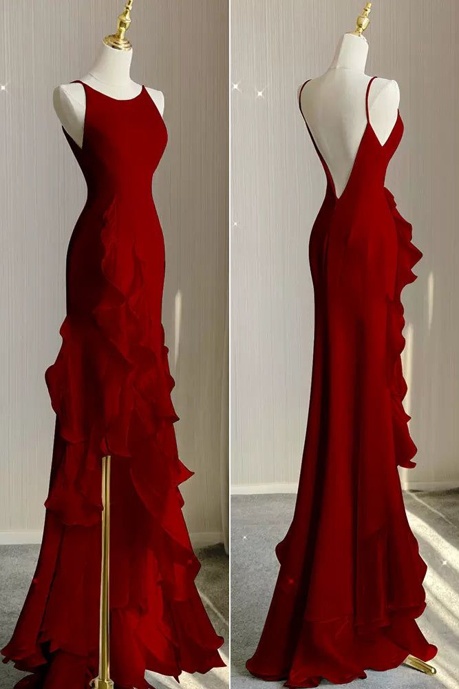 Black Mermaid Beach Wedding Dress With Ruffles, Spaghetti Straps Backless Classy Prom Gown