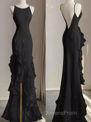 Black Mermaid Beach Wedding Dress With Ruffles, Spaghetti Straps Backless Evening Prom Gown