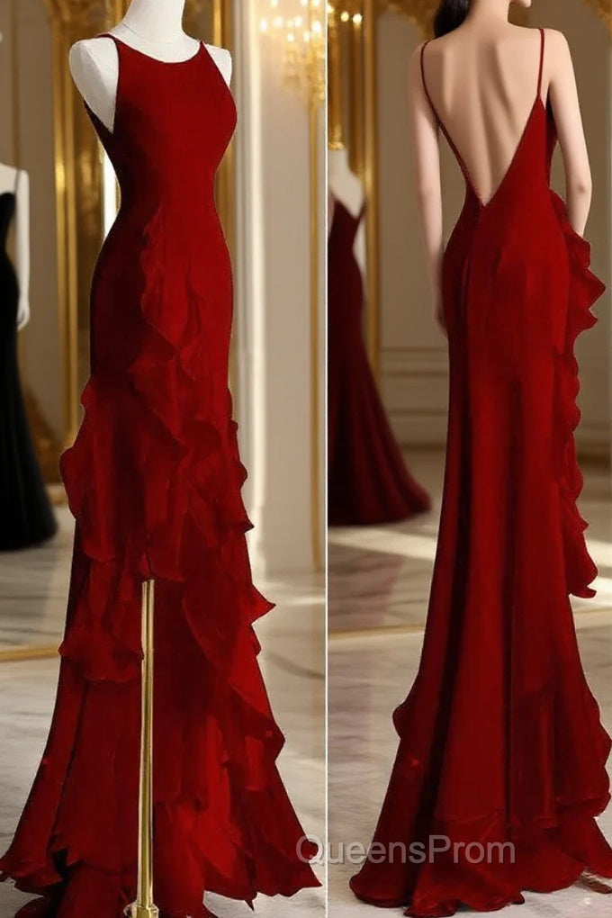 Black Mermaid Beach Wedding Dress With Ruffles, Spaghetti Straps Backless Evening Prom Gown Main image