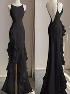 Black Mermaid Beach Wedding Dress With Ruffles, Spaghetti Straps Backless Classy Prom Gown