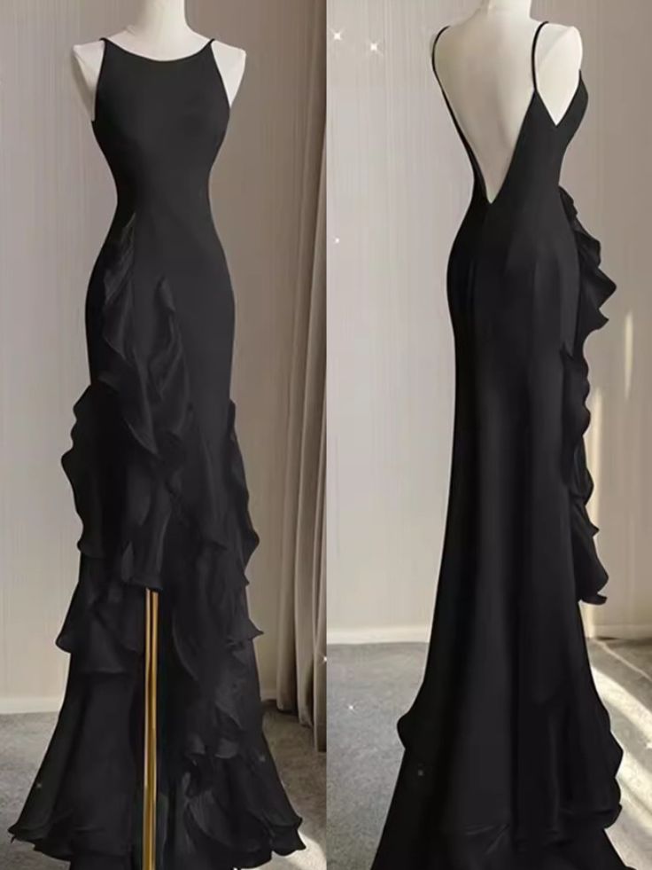 Black Mermaid Beach Wedding Dress With Ruffles, Spaghetti Straps Backless Classy Prom Gown