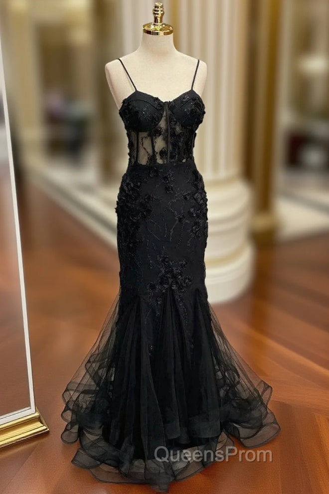 Black Mermaid Lace Long Evening Prom Dress, Black Lace Evening Dress Main image