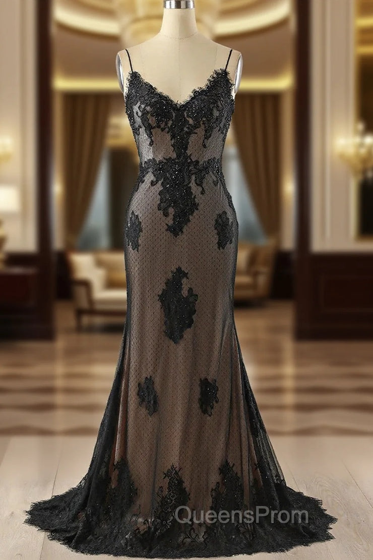 Black Mermaid Lace Straps Evening Dress Party Dress, Black Long Evening Prom Dress
