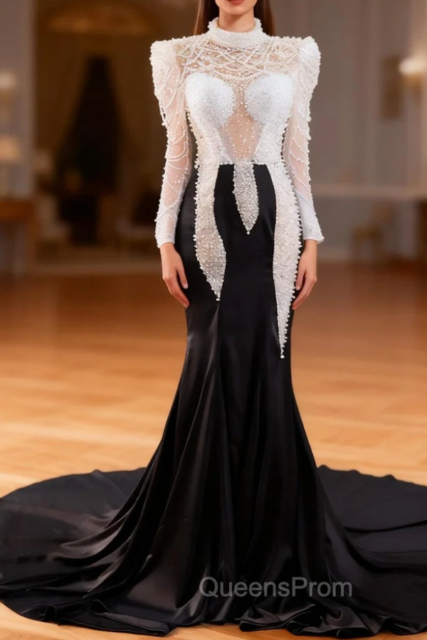 Black Mermaid Long Sleeve Pearls Evening Prom Dress