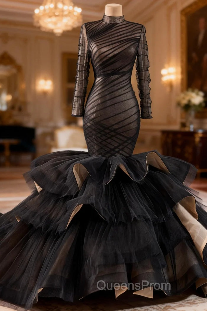 Black Mermaid Long Sleeve Pleats Evening Prom Dress