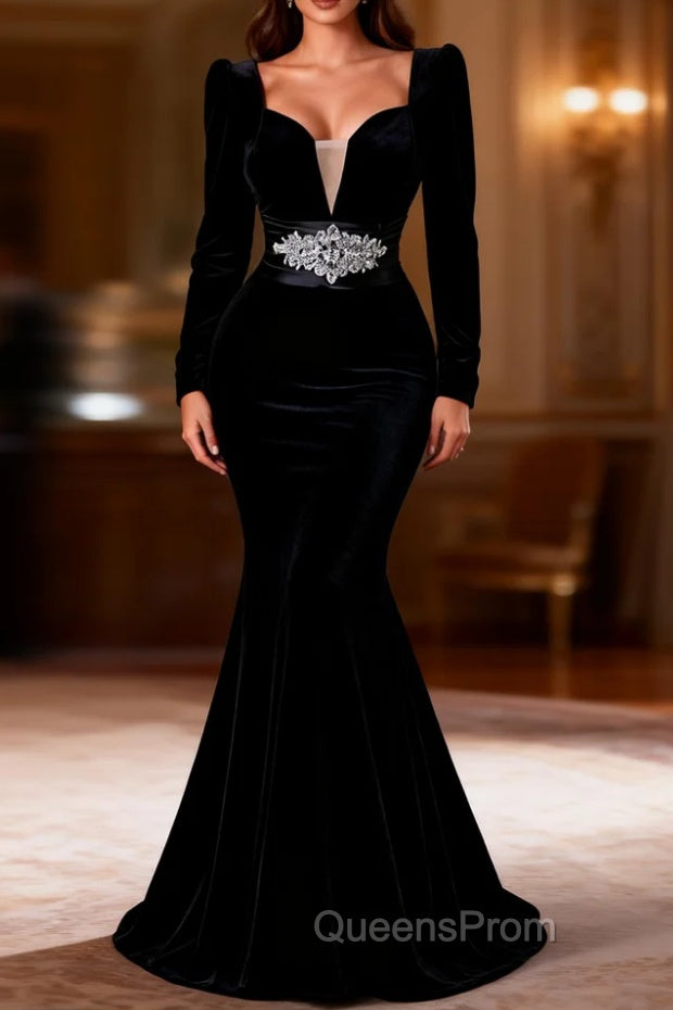 Black Mermaid Long Sleeve Velvet Evening Prom Dress