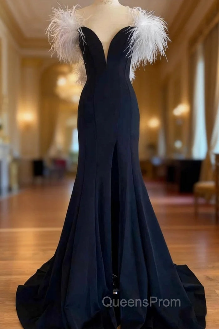 Black Mermaid Off the Shoulder Feather Evening Prom Dress