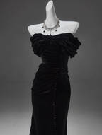 Black Mermaid Off-The-Shoulder Velvet Long Classy Prom Dress, Elegant Classy Evening Dress