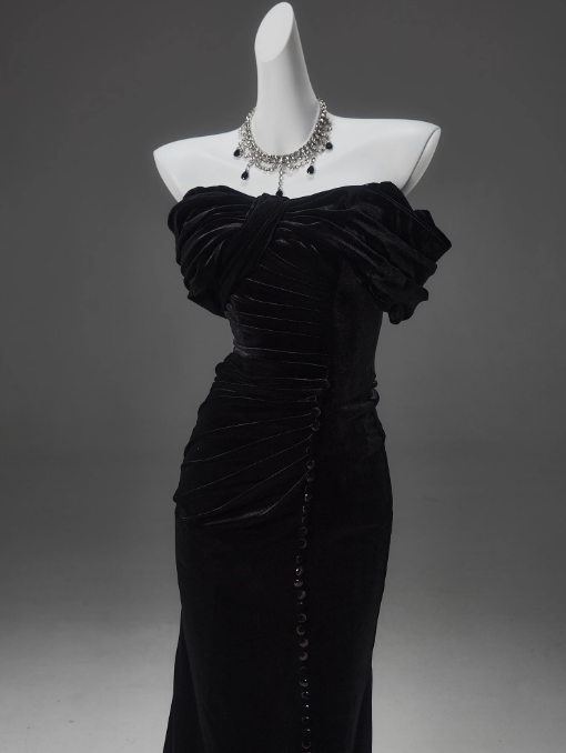 Black Mermaid Off-The-Shoulder Velvet Long Classy Prom Dress, Elegant Classy Evening Dress