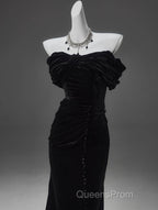 Black Mermaid Off-The-Shoulder Velvet Long Evening Prom Dress, Elegant Quinceanera Dress