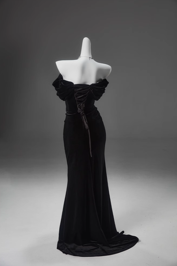 Black Mermaid Off-The-Shoulder Velvet Long Classy Prom Dress, Elegant Classy Evening Dress