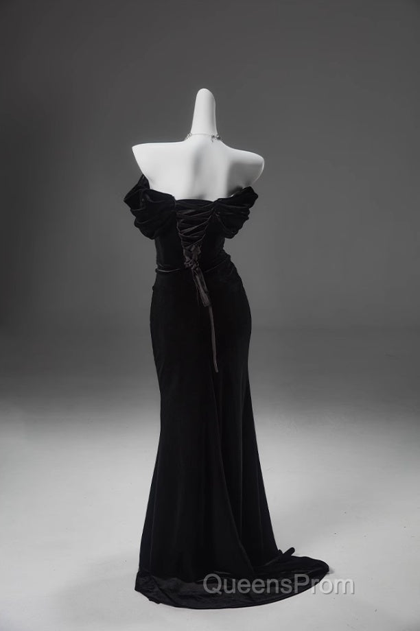 Black Mermaid Off-The-Shoulder Velvet Long Evening Prom Dress, Elegant Quinceanera Dress
