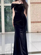 Black Mermaid Off-The-Shoulder Velvet Long Classy Prom Dress, Elegant Classy Evening Dress