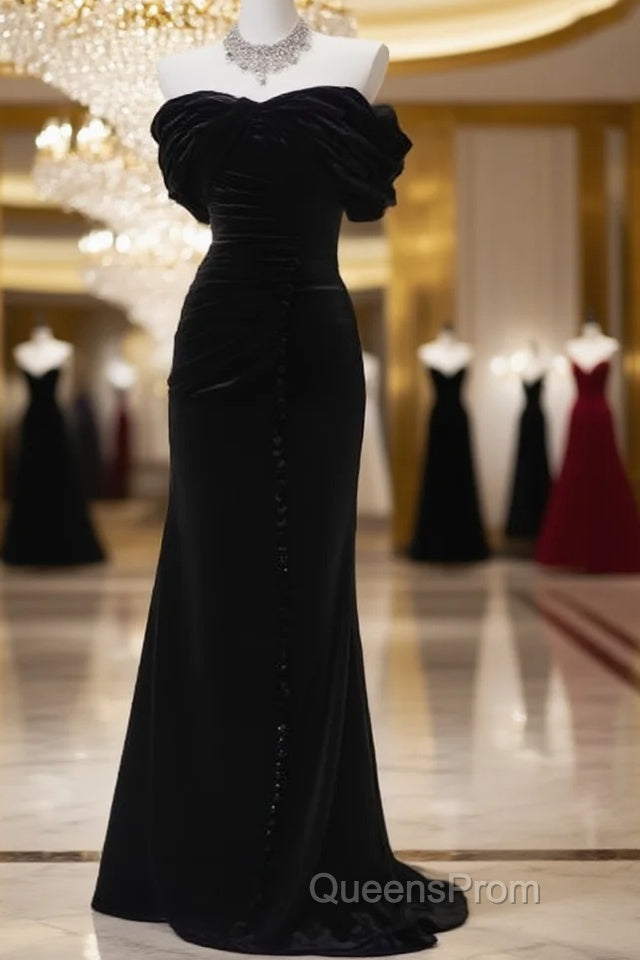 Black Mermaid Off-The-Shoulder Velvet Long Evening Prom Dress, Elegant Quinceanera Dress