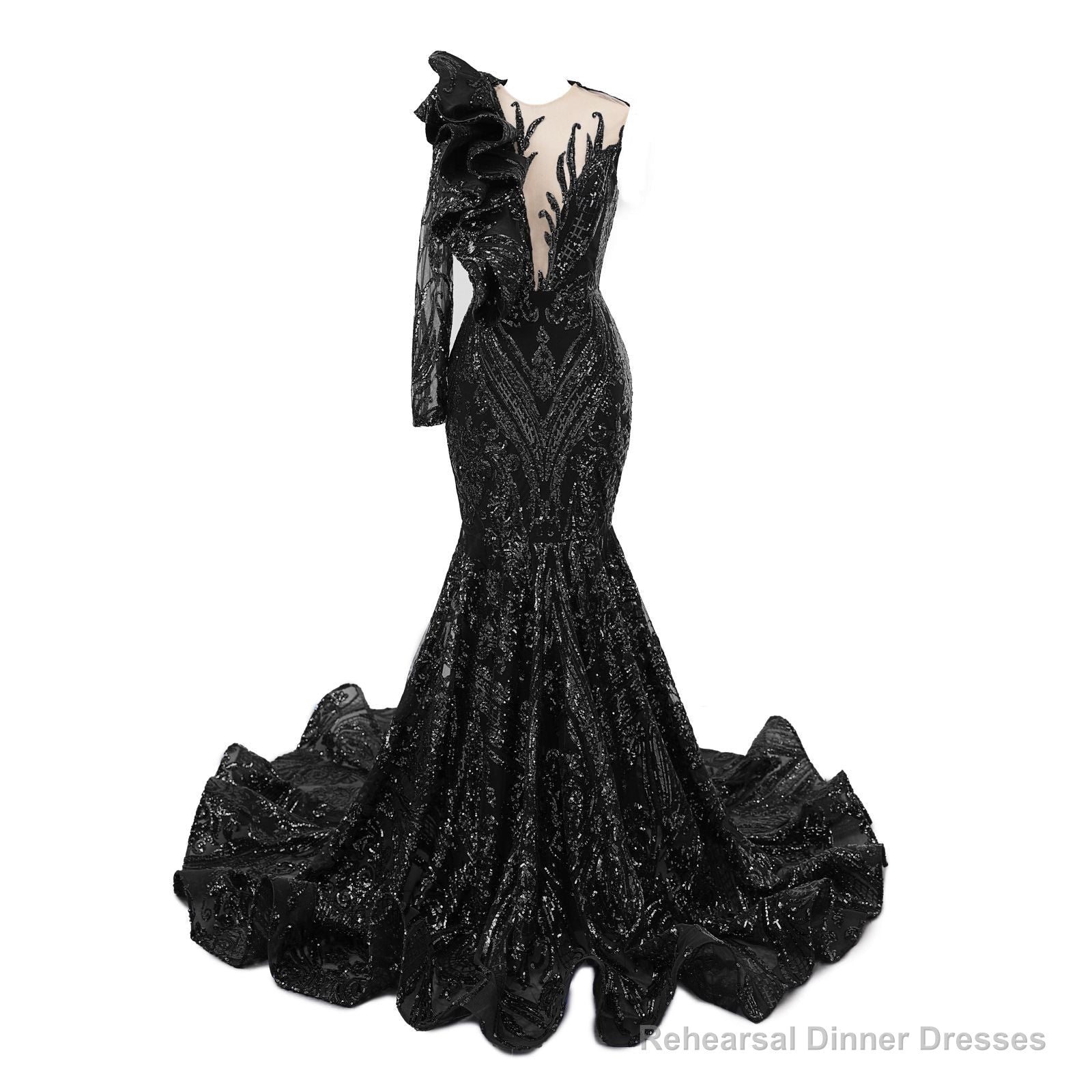 Black Mermaid One Sleeve Prom Dresses Sequined Lace Jewel Ruffles Evening Party Dress with Appliques Main image